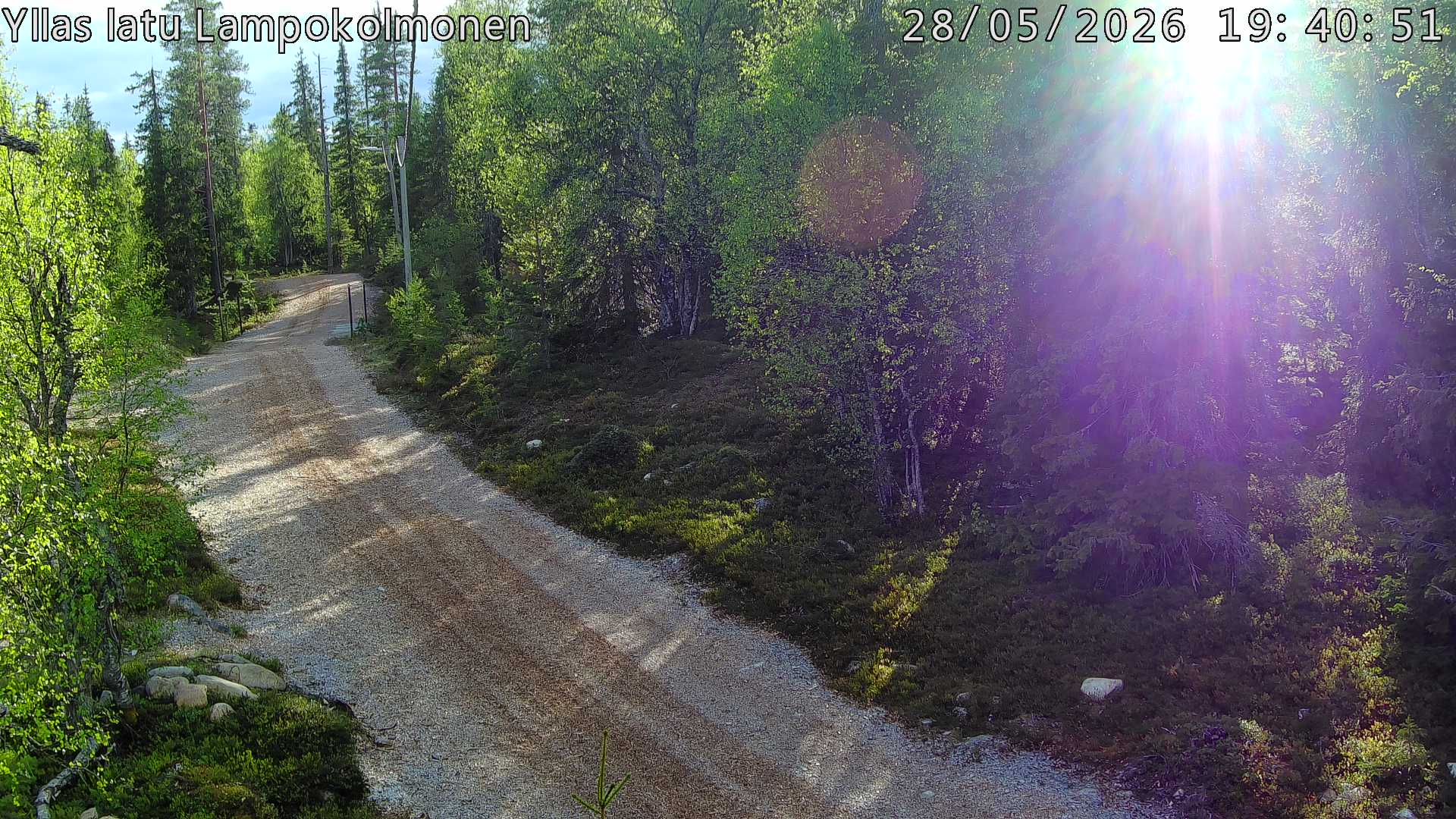 Hiihtolatu ja kuntorata metsän keskellä. Pimeään aikaan aamusta iltaan valaistu.